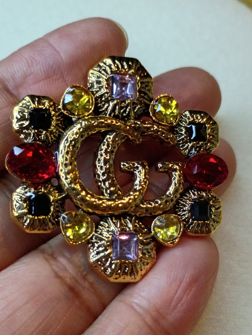 New Gold-Tone Crystal Brooch with Red, Yellow and Purple Stones Fashion Jewelry - Picture 5 of 5
